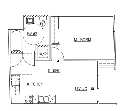 A floor plan of a living space showing a kitchen, dining area and a bedroom.